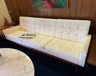 Knoll white upholstered (crunchy) three seat sofa with walnut legs
