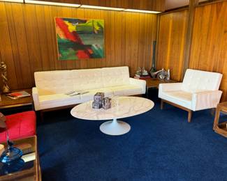 Knoll white upholstered (crunchy) three seat sofa with walnut legs. Beautiful Knoll white marble coffee table with tulip base. Also pictured here are the 36” x 36” Knoll walnut top, steel chrome leg tables (2).