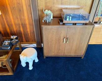 Adorable vintage record cabinet is 36x16x33". BIC 940 turntable, can't get it to spin. Pretty Dansk figurines with boxes