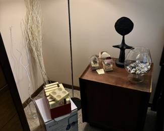 Dillingham pedestal platform nightstands are 19.5x16x23". Each open to a drawer and storage. In  the jar are dozens of silver plated fortune cookies, each heavy! Their boxes are on the right, made by Lenox. Boxed in sets of four.