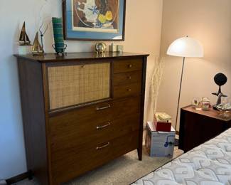 In love with this dresser! Vintage, mid-century modern Drexel walnut dresser  with grasscloth detail  44x20x45". Neat framed colorful woodblock print, still-life of fruit, Yves Ganne. 