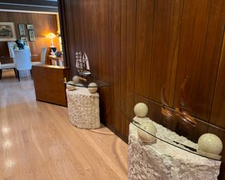 Postmodern tessellated mactan stone hallway tables 47x18x27".