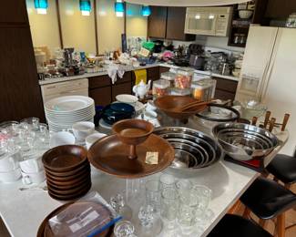 Mid-century wooden entertaining/serving items. Beautiful, classic set of white Crate & Barrel dishes