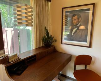 Neat Danish, modernist pendant light by Nordisk Solar. Two signed and framed lithos of Abe Lincoln by Lloyd Ostendorf, 1955