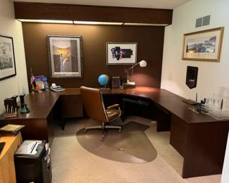 GORGEOUS AND LARGE, room-filling desk unit by HON. Beautiful! High quality, well made. Desk length from right to left, 89x113.5x72". There are two signed and framed lithos of Abe Lincoln by Lloyd Ostendorf, 1955. The other one is in the primary bedroom. To the right of that is ”Star Spangled Night” by Oren Johnson
