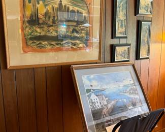 Signed John Marin mid century cityscape is 36x32". Three beautifully framed and signed Linda Nelson Stocks artworks