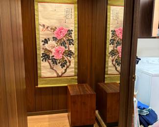 Display/pedestal table is 20x15x23". Vintage Chinese hand-painted scroll, gorgeous peonies!