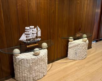 Postmodern tessellated mactan stone hallway tables by Magnusse Ponte, 47x18x27".