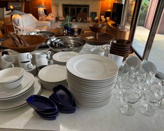 Beautiful, classic set of white Crate & Barrel dishes. Large set! Shrimp cocktail set on the right!