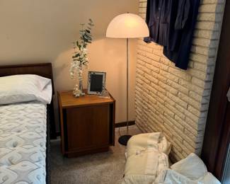 Dillingham pedestal platform nightstands are 19.5x16x23". Each open to a drawer and storage