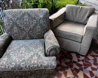 Upholstered chair and Square RH chair & ottoman  set along with extra set of slip covers.
