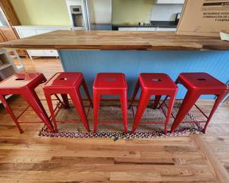 FIVE (5) Red Metal Breakfast/Bar Stools