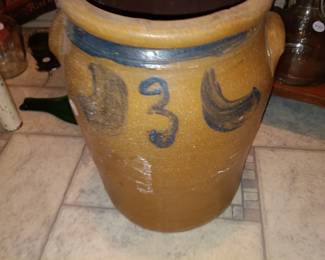 Blue Decorated Pottery Crock (chip underneath left side of lip)