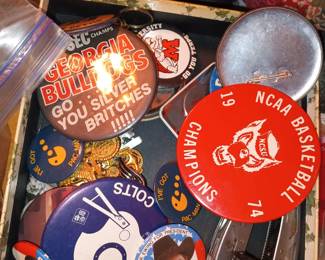 Vintage pinback buttons: NC State Wolfpack, Baltimore Colts, Georgia Bulldogs, JR Ewing, etc