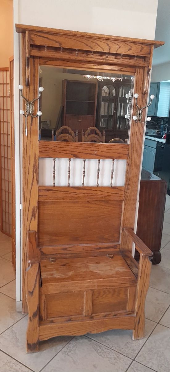 Beautiful wooden hall tree with Mirror, bench & coat hooks -31.5x73