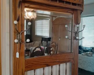 Mirror and coat hooks with bench