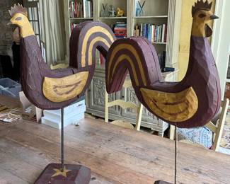 Large Pair of Carved Roosters