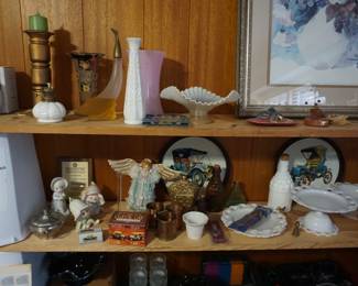 figurines, vases, Avon bottles, glass
