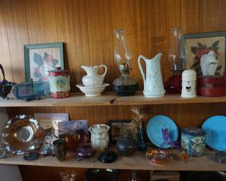 Carnival Glass, oil lamps, pitchers