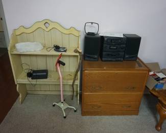 hutch top, lateral wood file cabinet, boom box