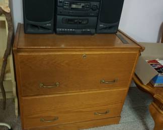 boom box, wood lateral file cabinet