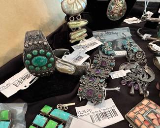 Vintage Fred Harvey Era Sterling Cuff Bracelet, Mexican Stone & Sterling Bracelet, Mexican Sterling & Shell Bracelet