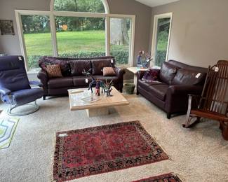 Bent Wood Rocking Chair, Palliser Lafer Recliner, Aubergine Leather Loveseat & Sofa, Porfirio Sosa Gutierrez Animal, Pepe Santiago Totem Animal
