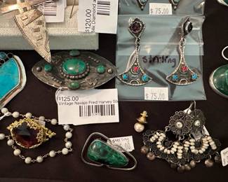 Sterling jewelry, Vintage Navajo Fred Harvey Sterling Silver Pin, 14k Diamond and Pearl Hat Pin (BL)