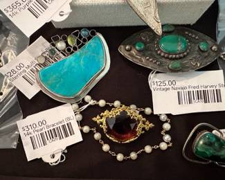 14k Pearl Bracelet (BL), Vintage Navajo Fred Harvey Sterling Silver Pin, Sterling Multi Stone Brooch, 14k Purple Stone Ring (BL)