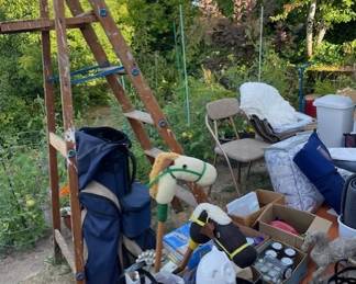 6-foot wood ladder, hand-crafted pair of stick ponies, plant stand, collectible tins, etc.