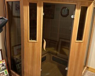 Good Health Sauna: Hemlock, 3-person corner; ceramic and carbon heat type; like-new condition; barely used; 75" tall x 32.5" right/left panels; 70" back corner deep to front; 110v 20 amp