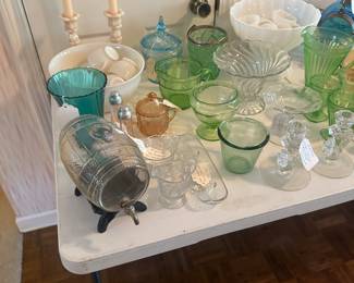 Vintage glass whiskey decanter and other depression glass 