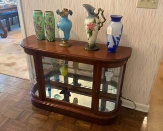 Cased glass curio Roseville hull weller and other hand blown vases 