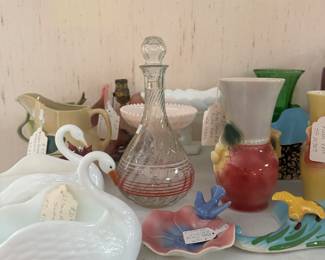 Decanter and glass swans 
