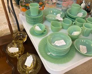 Jadeite plates cups and other items 
