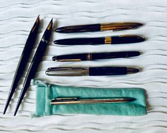 Shaeffer fountain pens including two white dot pens-left, other Shaeffer pens, Montblanc roller ball, Movado and Tiffany T.