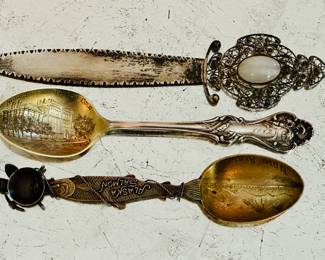 Sterling silver letter opener and souvenir spoons (Boulder, Colorado high school and Nome, Alaska salmon spoon)