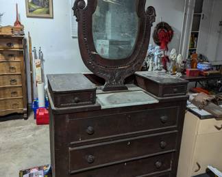 Antique chest with harp mirror