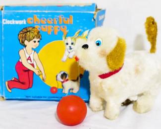 2220 - Vintage Cheerful Puppy Toy with Box 4.5" by Clockwork
