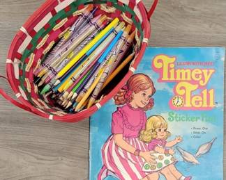317 - Vintage Whitman Book - Timey Tell Sticker Fun & basket full of colored pencils 12 x 10.5
