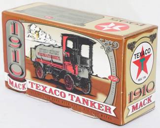 5 - Die Cast Metal 1910 Mack Texaco Tanker Bank w/ box Locking Coin Bank w/ key Collector's Series #12
