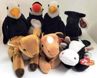 4008 - 7 - TY Beanie Babies w/ error tags 1 - 1997 Whisper Fawn 1 - 1995 Derby Horse 1 - 1996 Scottie Dog 2 - 1996 Baldy Eagle 1 - 1997 Puffer Toucan 1 - 1994 Daisy
