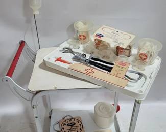 168 - Vintage Amsco Toy Medical Cart w/ Accessories 22 x 20 x 11.5 plus IV pole
