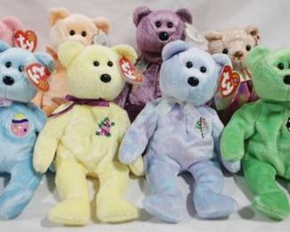 5718 - 8 TY Beanie Babies w/ Hologram Tush Tags October, Issy, Mum, 2000 Signature Bear, Eggs II, Mother, Kicks & Dearest Hologram tush tags
