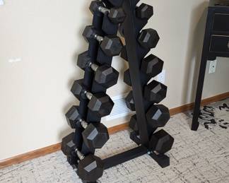 A-frame dumbbell rack and dumbbells