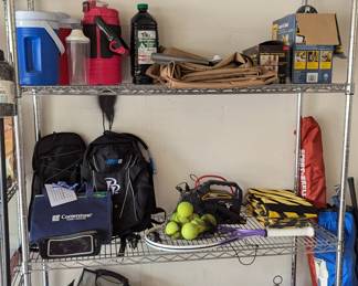 Outdoors: tennis, hydropacks, tiki torch, sand bags