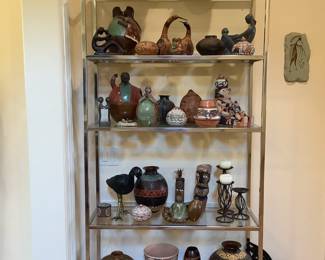 Chrome & Glass Shelving with Ceramic Collectibles