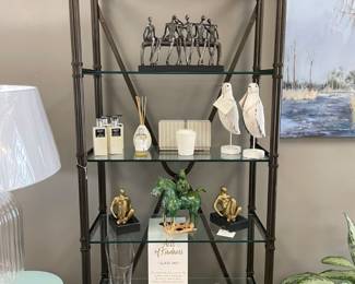 Pair of Lexington, 5 tier open shelving with leather wrapped crowns with nail head accents YUMMY!  $600 EACH. $1,000 pair.