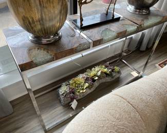 Jeffan “icy wood” teak and resin console $400