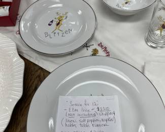 4 piece place setting for 12, plus 12 mugs, 12 glasses, napkin rings, many serving pieces, many matching linens
